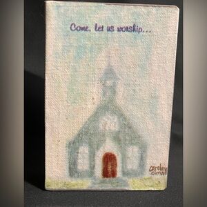Christmas Church Shelf Sitter by Caroline Simas signed -“Come, Let Us Worship”
